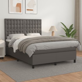 Cama box spring con colchón cuero sintético gris 140x200
