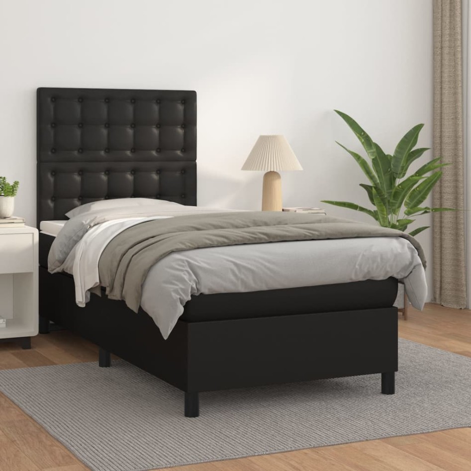 Cama box spring con colchón cuero sintético negro 80x200