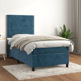 Cama box spring con colchón terciopelo azul oscuro 90x190