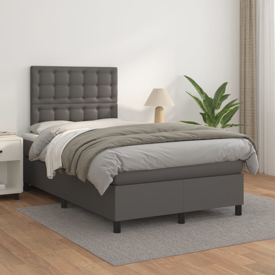 Cama box spring con colchón cuero sintético gris 120x200