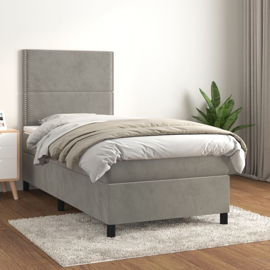 Cama box spring con colchón terciopelo gris claro 100x200