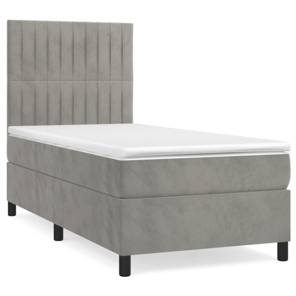 Cama box spring con colchón terciopelo gris claro 90x190