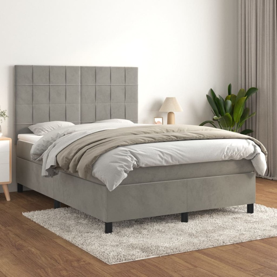 Cama box spring con colchón terciopelo gris claro 140x200