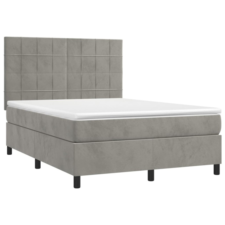 Cama box spring con colchón terciopelo gris claro 140x200
