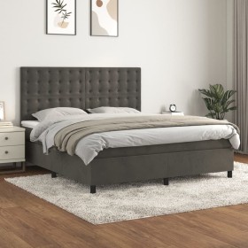 Cama box spring con colchón terciopelo gris oscuro 160x200