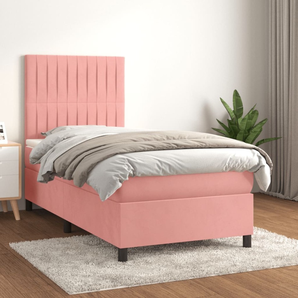 Cama box spring con colchón terciopelo rosa 90x190