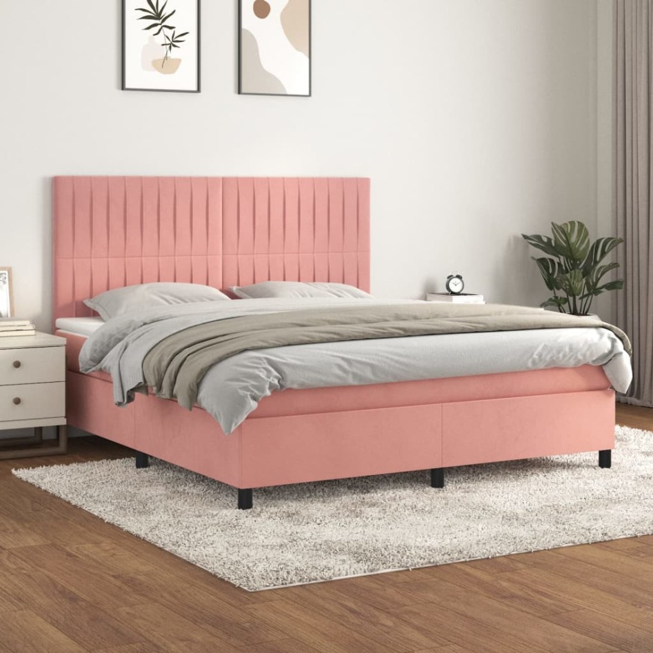 Cama box spring con colchón terciopelo rosa 180x200