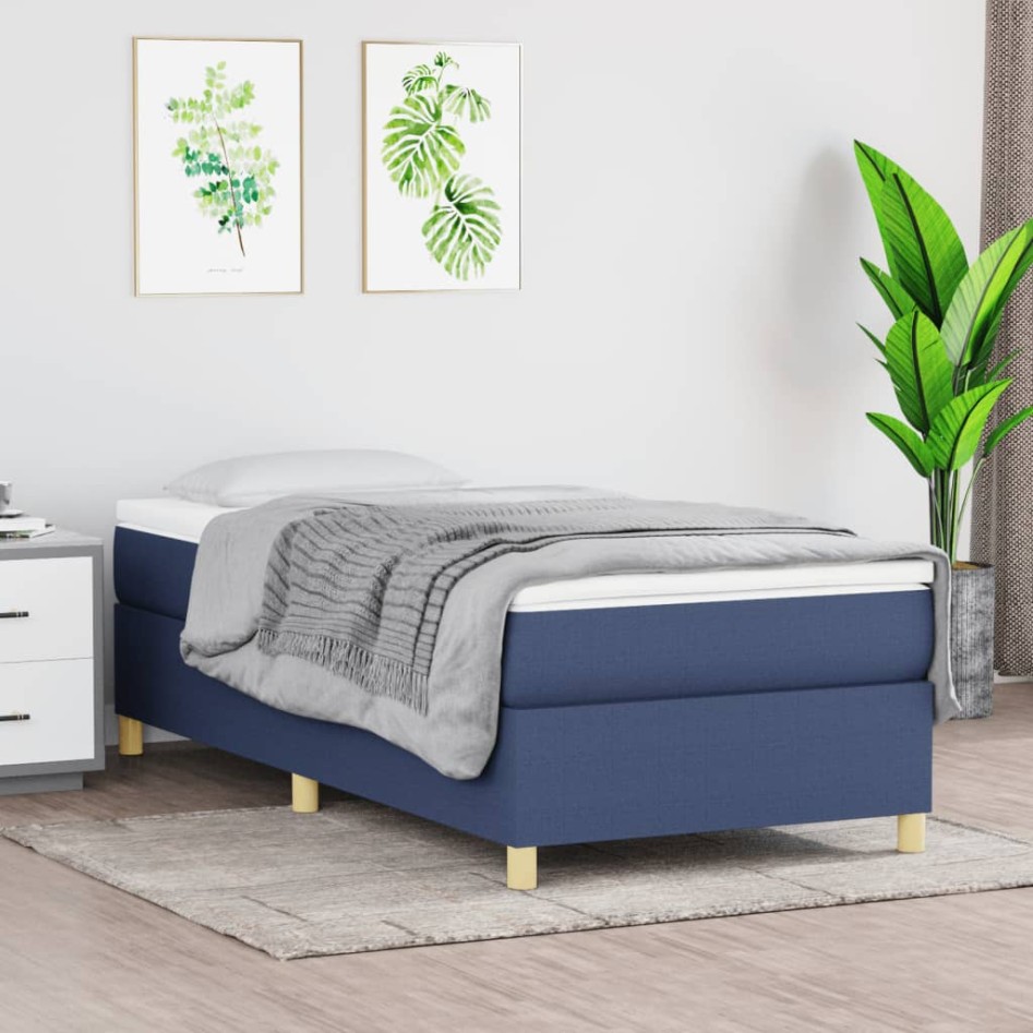Cama box spring con colchón tela azul 80x200