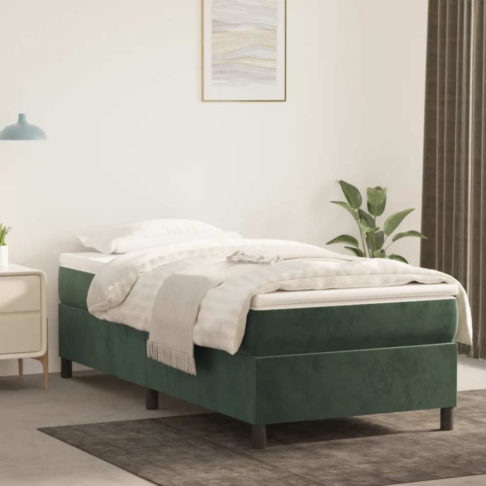 Cama box spring con colchón terciopelo verde oscuro 80x200