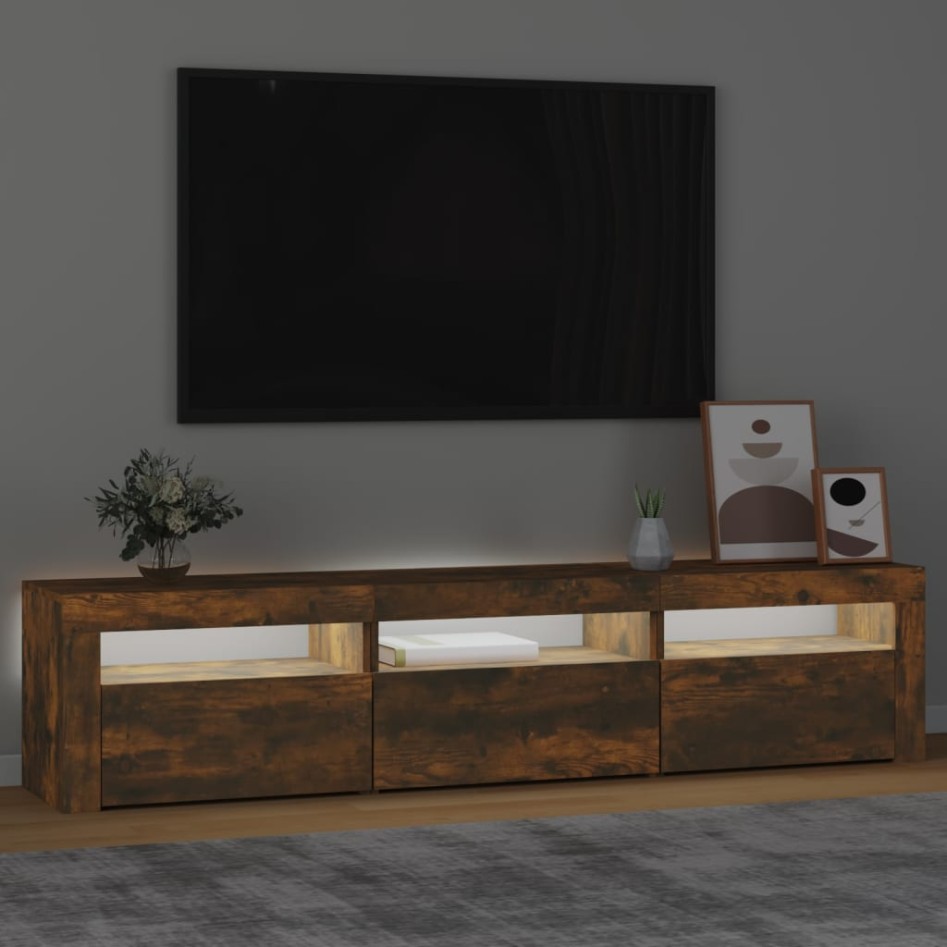 Mueble de TV con luces LED color roble ahumado 180x35x40