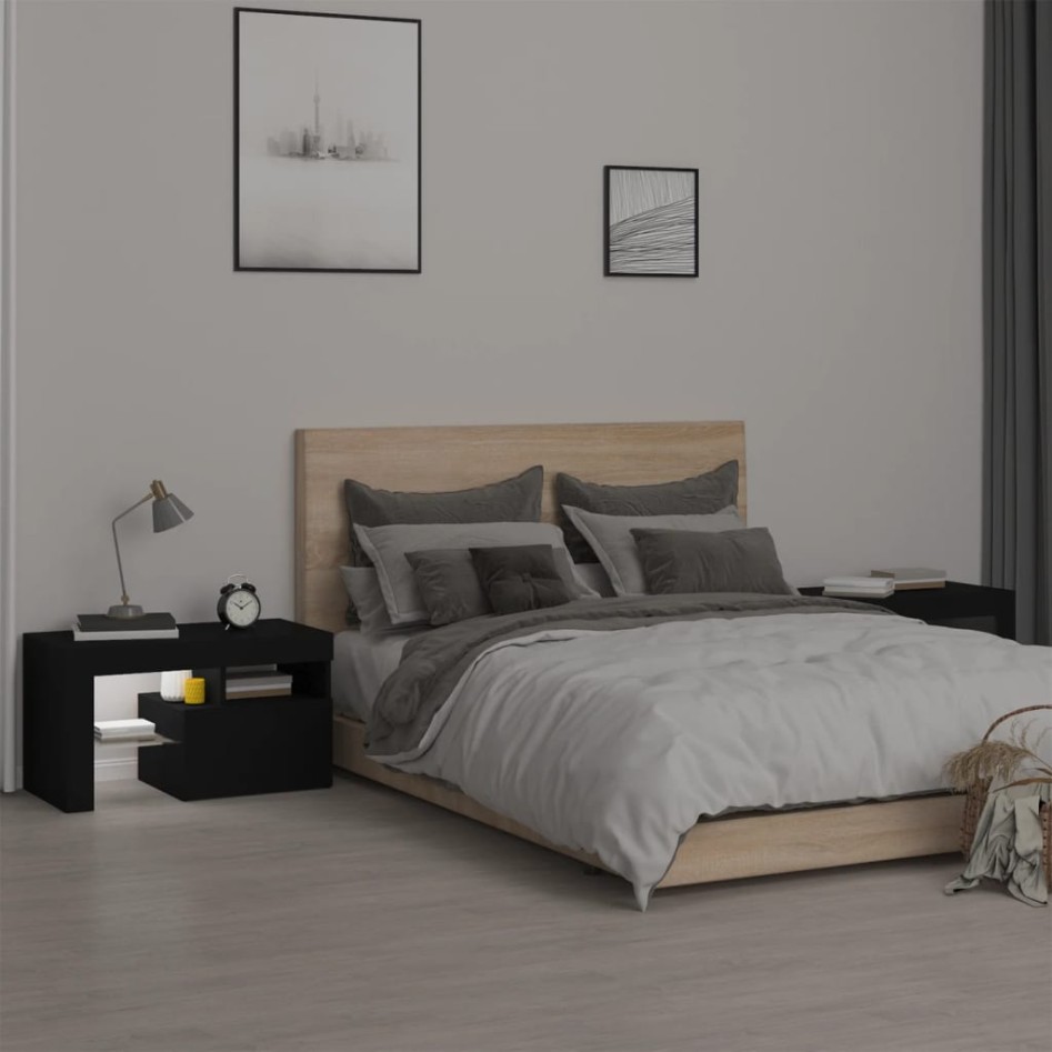 Mesitas de noche con luces LED 2 uds roble negras