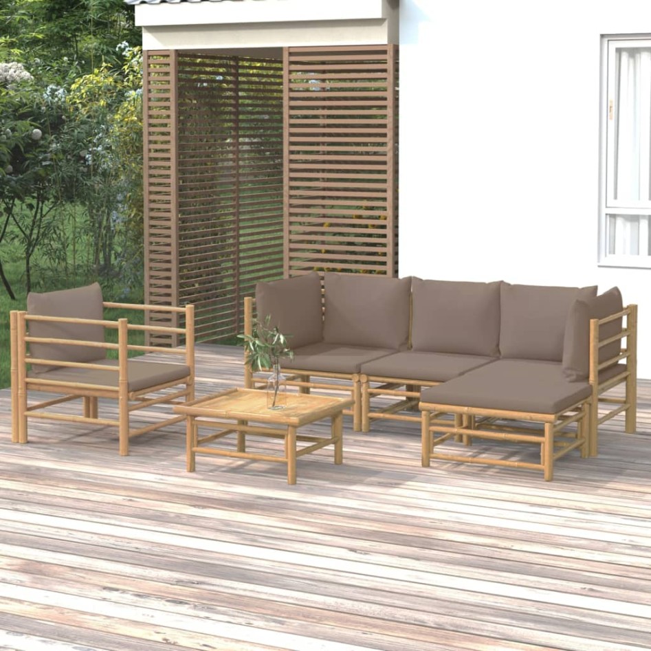Set de muebles de jardín 6 piezas bambú con cojines gris