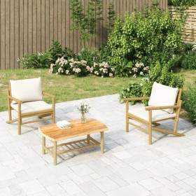 Set de muebles de jardín 3 piezas bambú y cojines blanco
