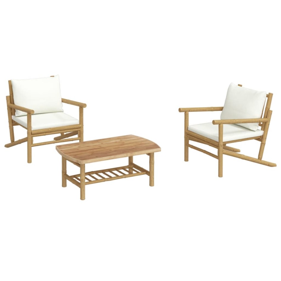 Set de muebles de jardín 3 piezas bambú y cojines blanco