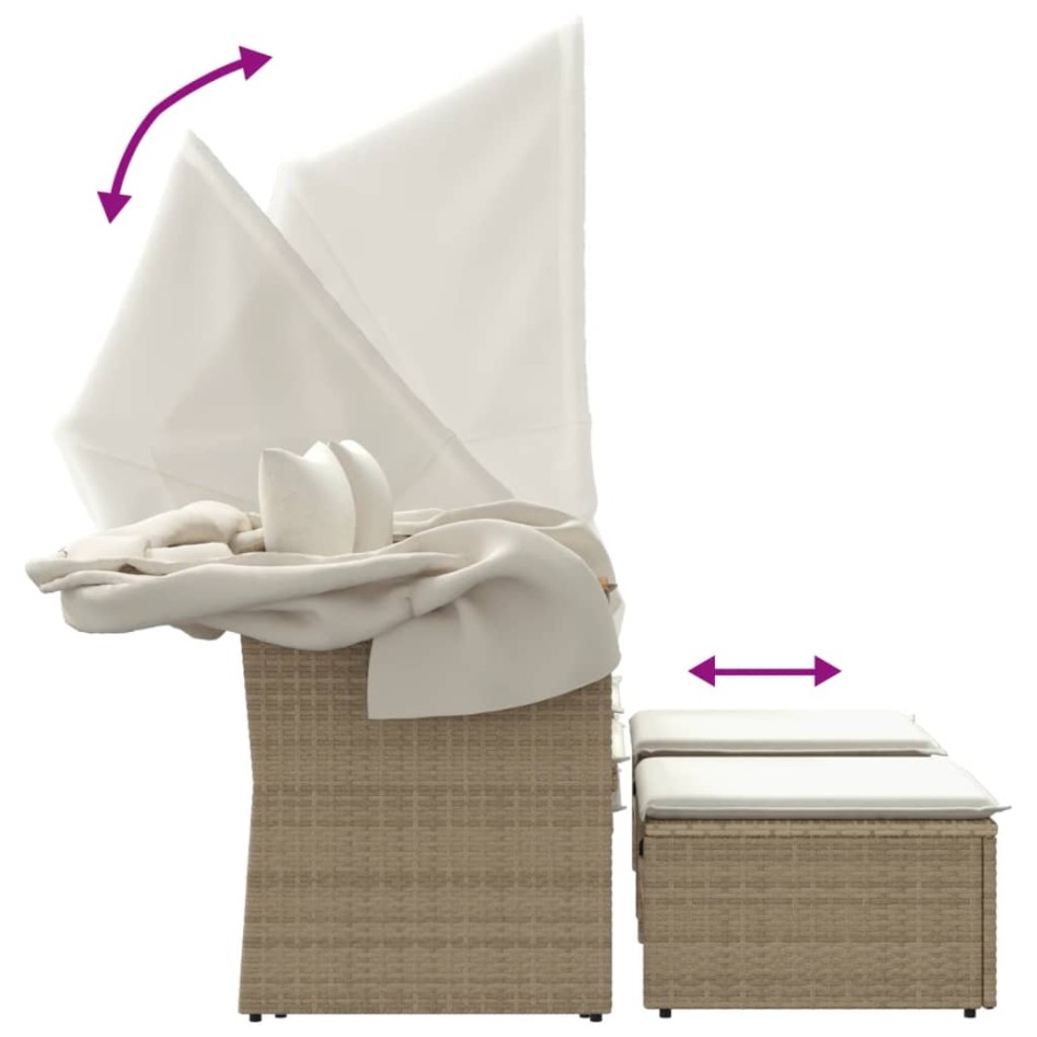 Sofá de jardín 2 plazas con toldo y taburetes ratán PE