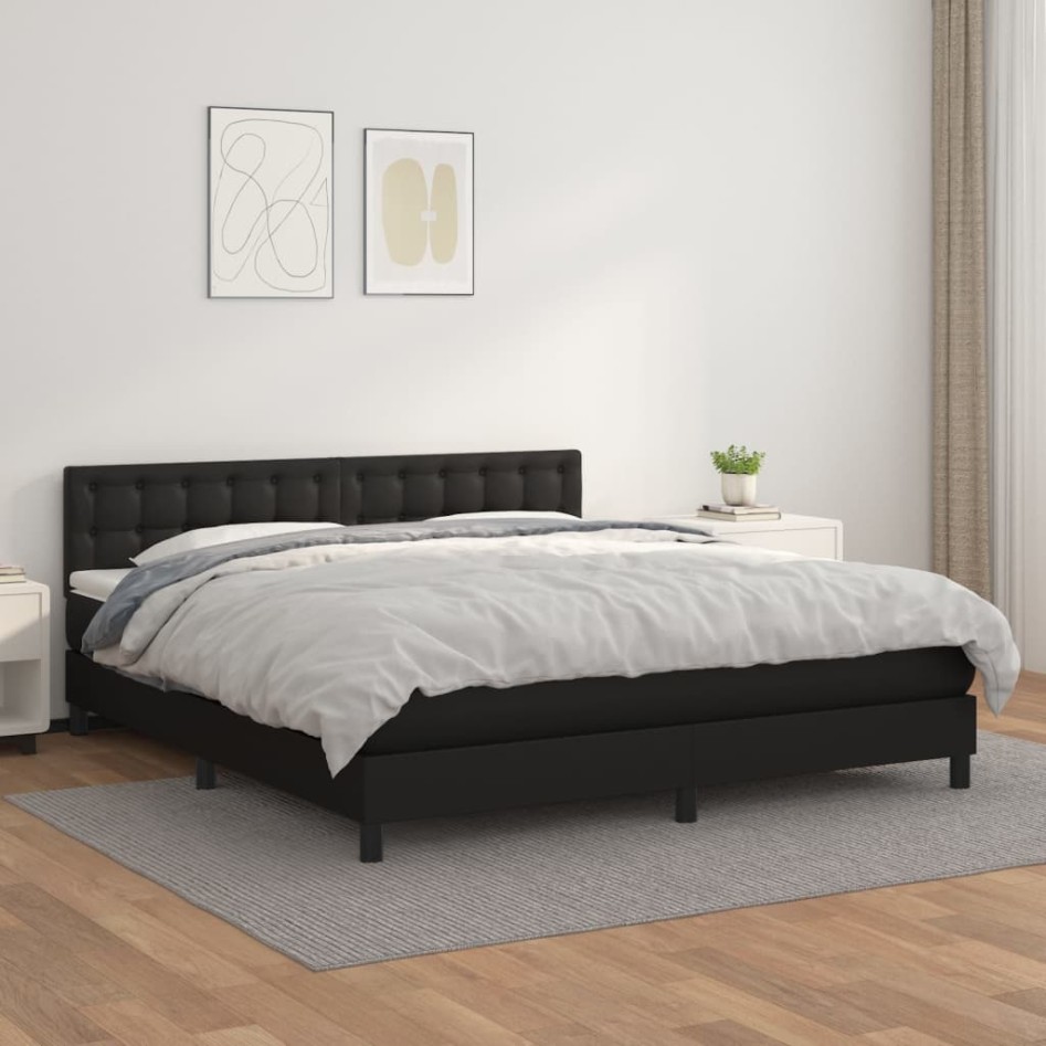 Cama box spring con colchón cuero sintético negro 160x200