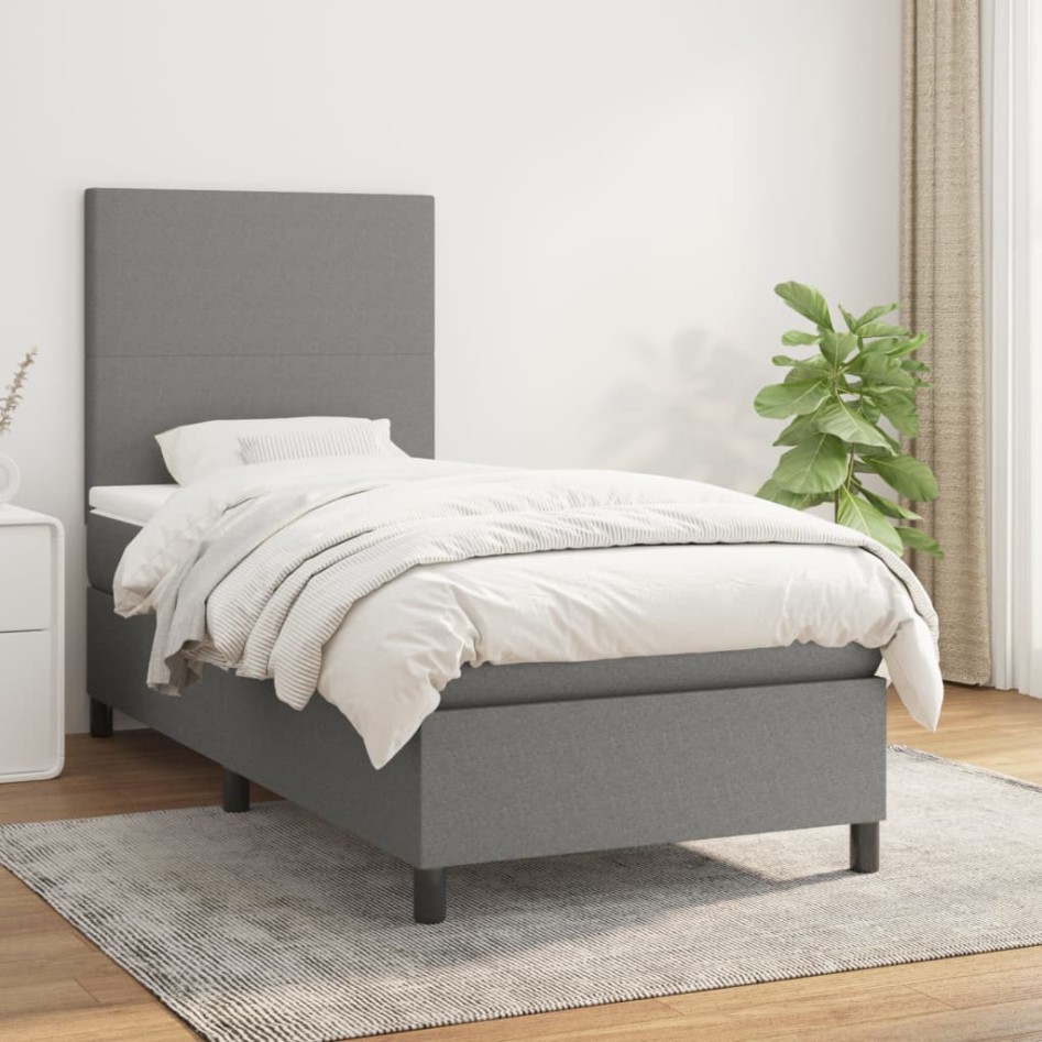 Cama box spring con colchón tela gris oscuro 90x190