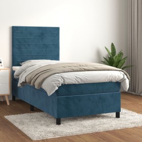 Cama box spring con colchón terciopelo azul oscuro 100x200