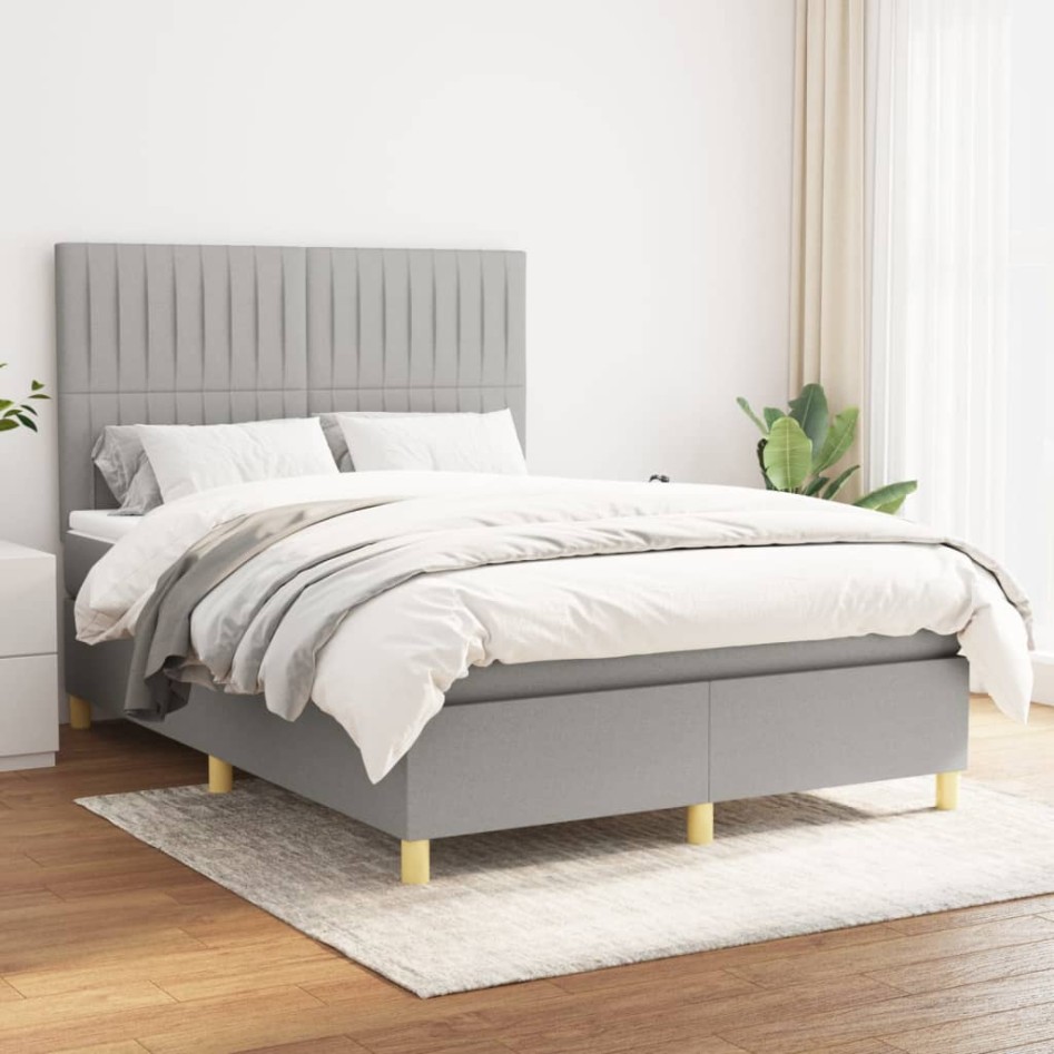 Cama box spring con colchón tela gris claro 140x190