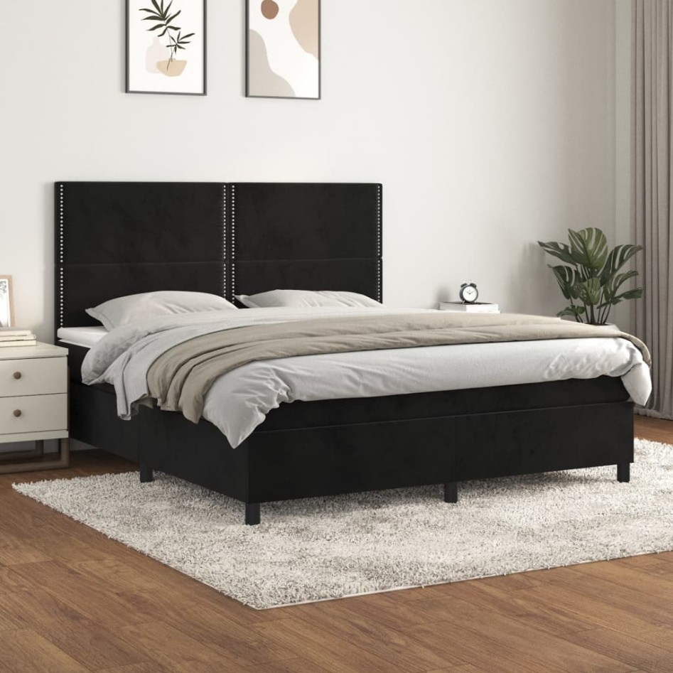 Cama box spring con colchón terciopelo negro 180x200