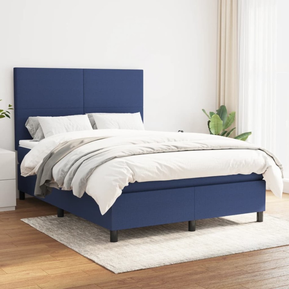 Cama box spring con colchón tela azul 140x200