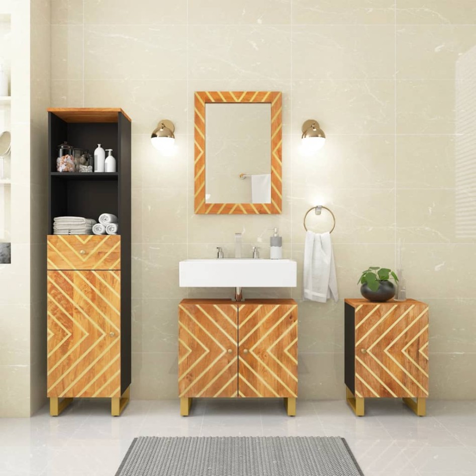 Juego muebles de baño 4 pzas madera maciza mango marrón y