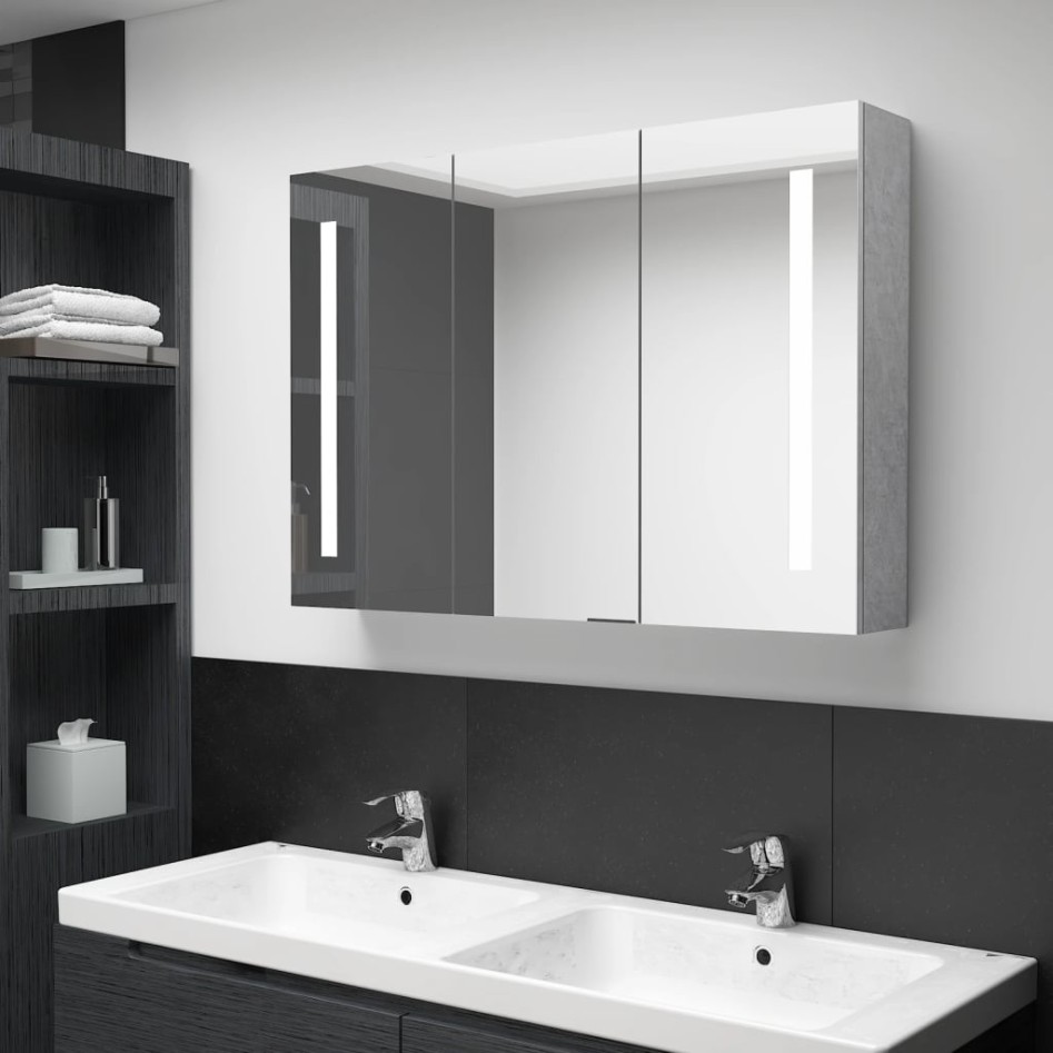 Armario de baño con espejo LED gris hormigón 89x14x62