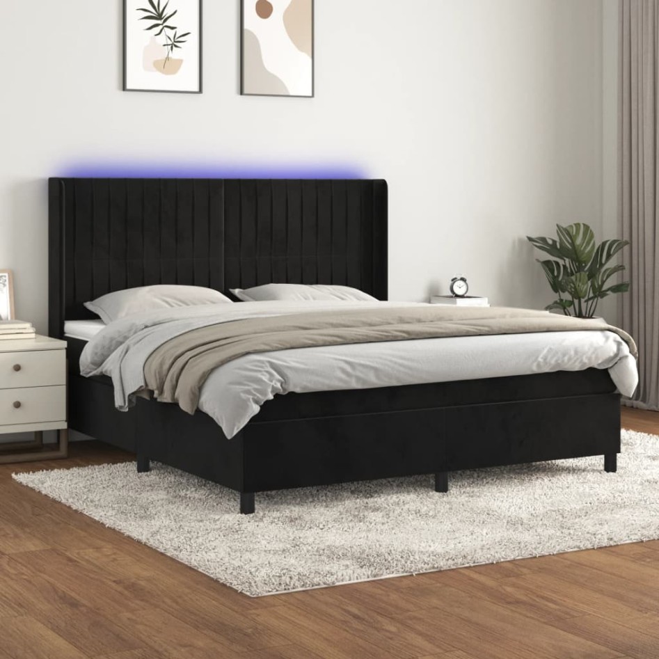 Cama box spring colchón y LED terciopelo negro 160x200