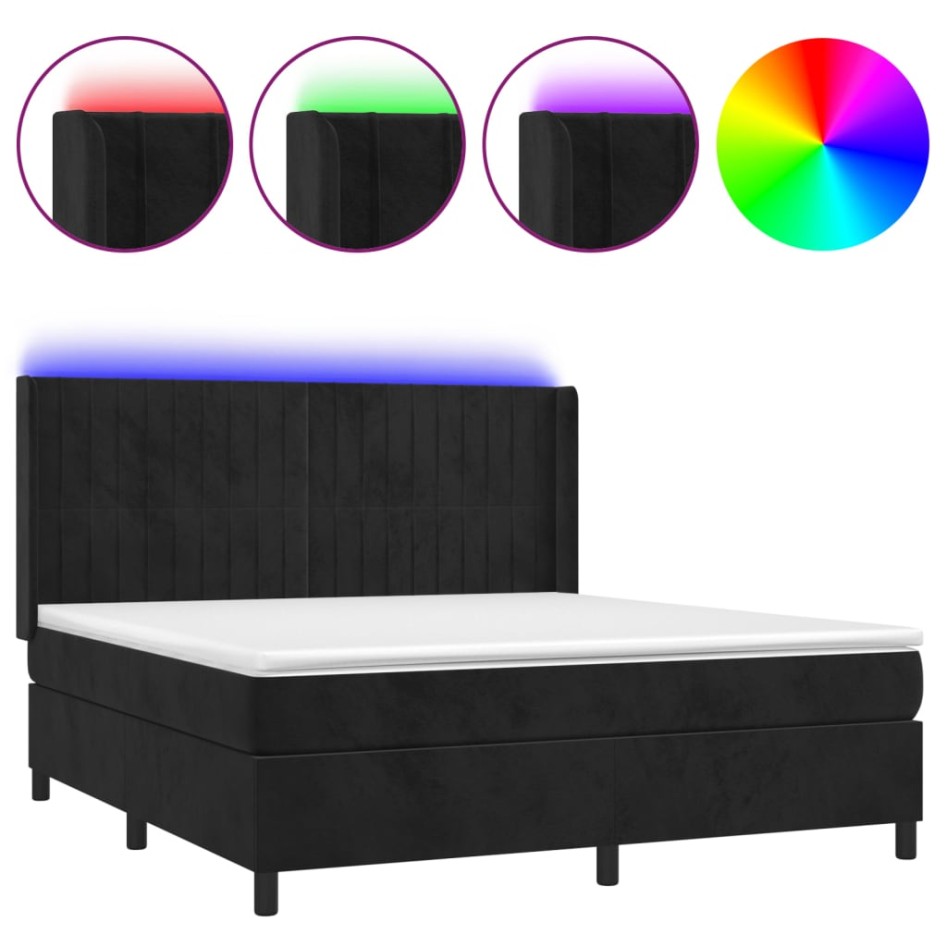 Cama box spring colchón y LED terciopelo negro 160x200