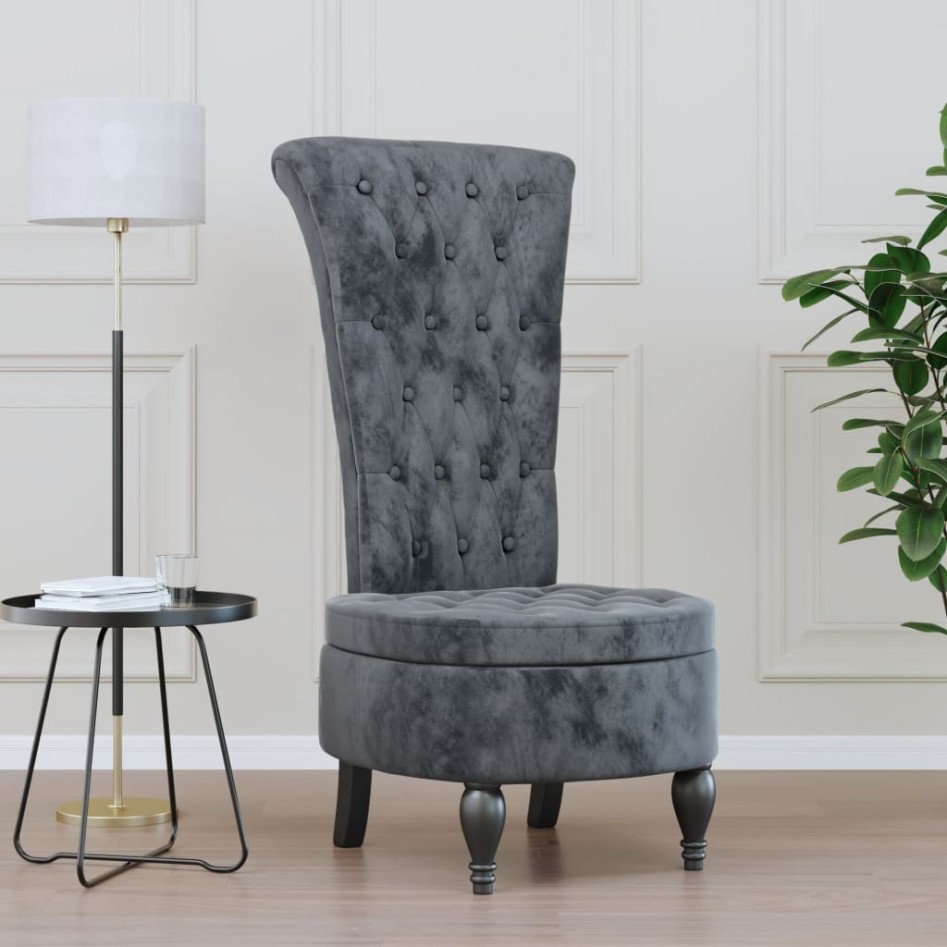 Sillón de respaldo alto con botones terciopelo gris