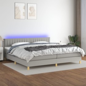 Cama box spring con colchón tela y LED gris claro 200x200