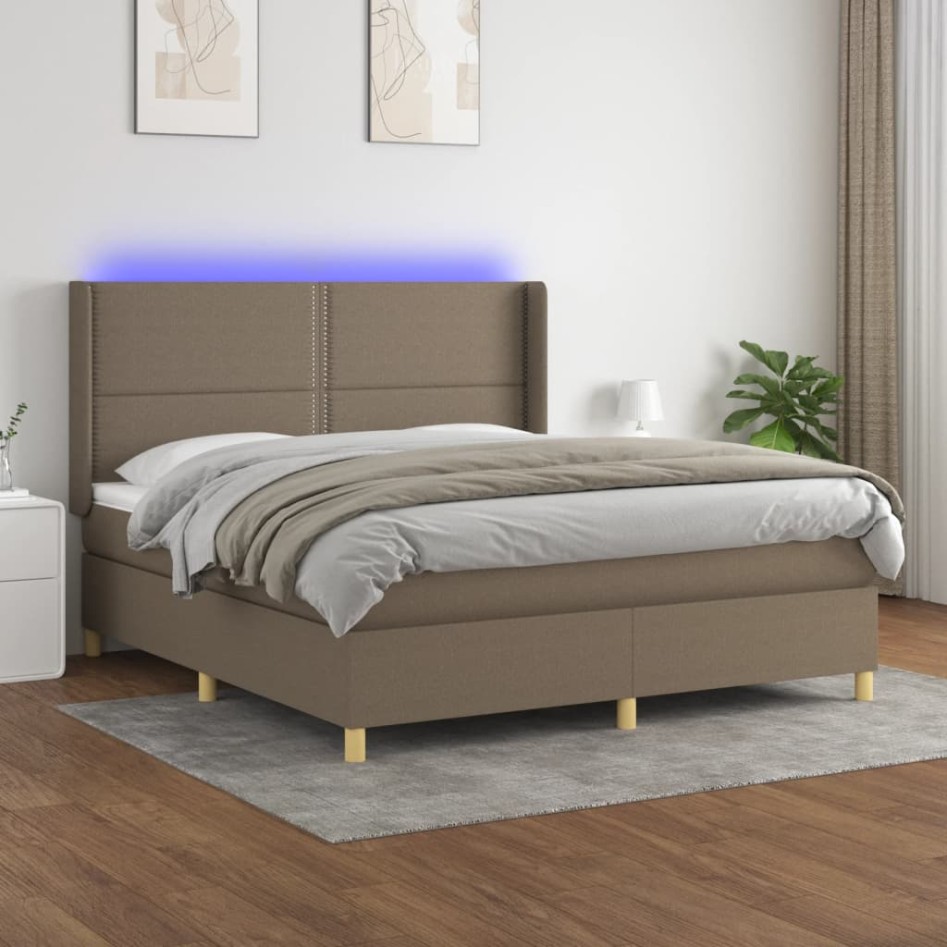 Cama box spring colchón y luces LED tela gris taupe 160x200