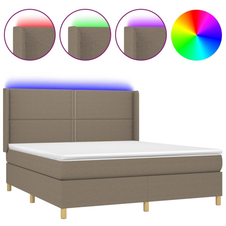 Cama box spring colchón y luces LED tela gris taupe 160x200
