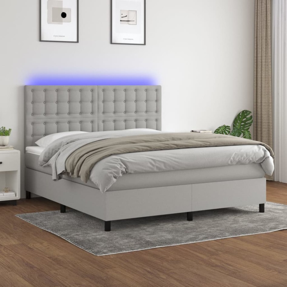 Cama box spring colchón y luces LED tela gris claro 160x200