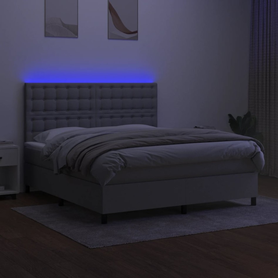 Cama box spring colchón y luces LED tela gris claro 160x200