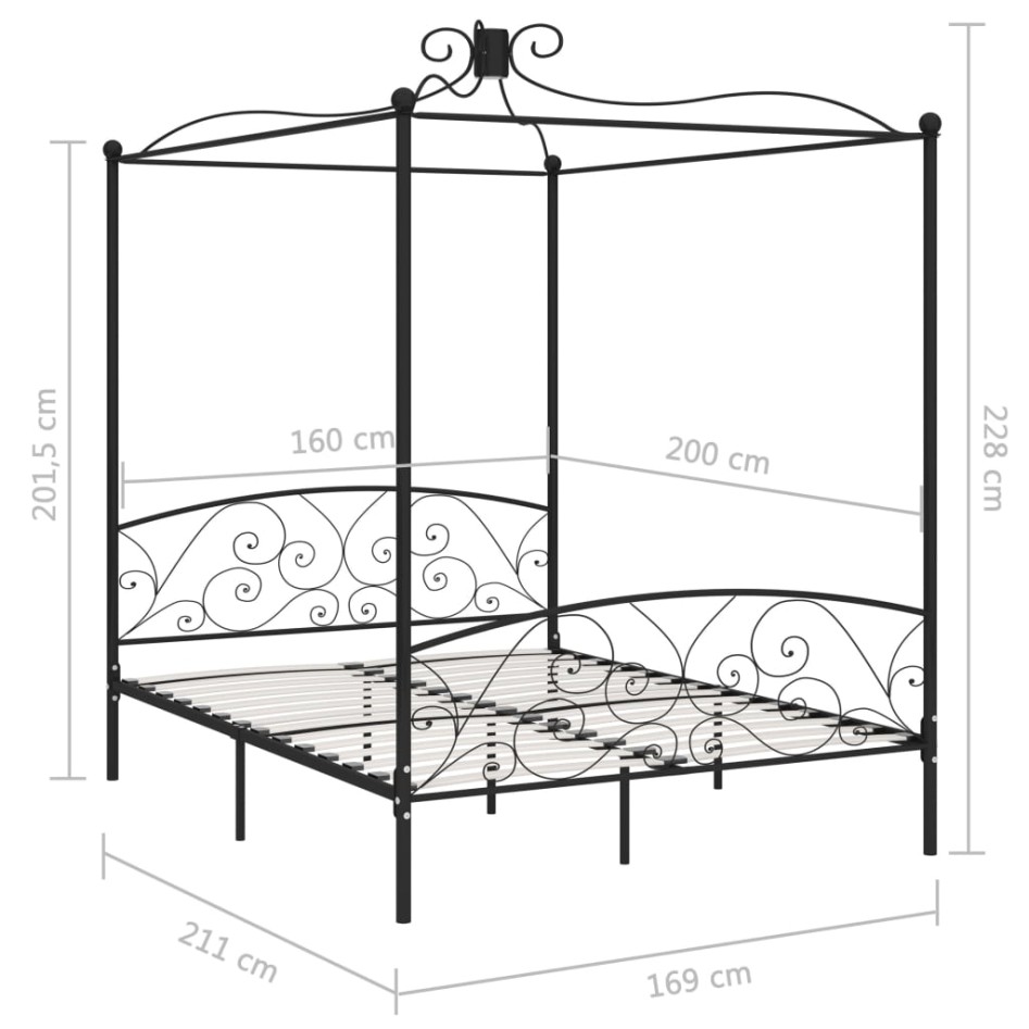 Estructura de cama con dosel metal negro 160x200