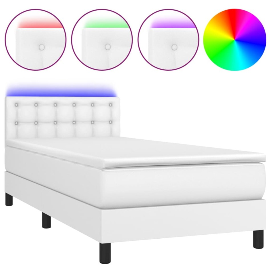 Cama box spring colchón y LED cuero sintético blanco 100x200