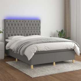 Cama box spring colchón y luces LED tela gris oscuro 140x190