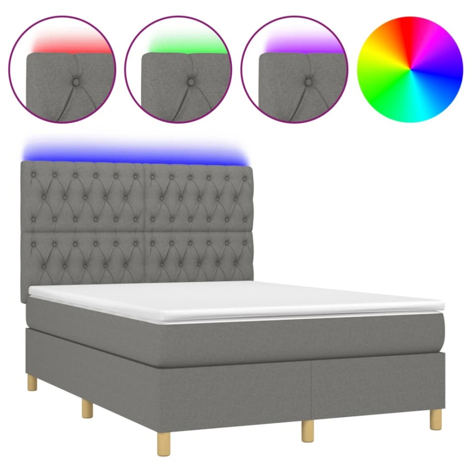 Cama box spring colchón y luces LED tela gris oscuro 140x190