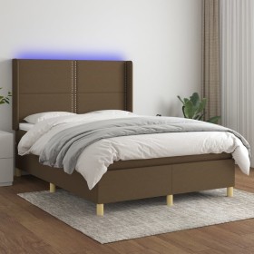 Cama box spring colchón luces LED tela marrón oscuro
