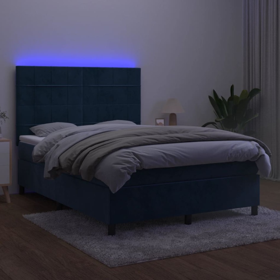 Cama box spring colchón y LED terciopelo azul oscuro 140x190