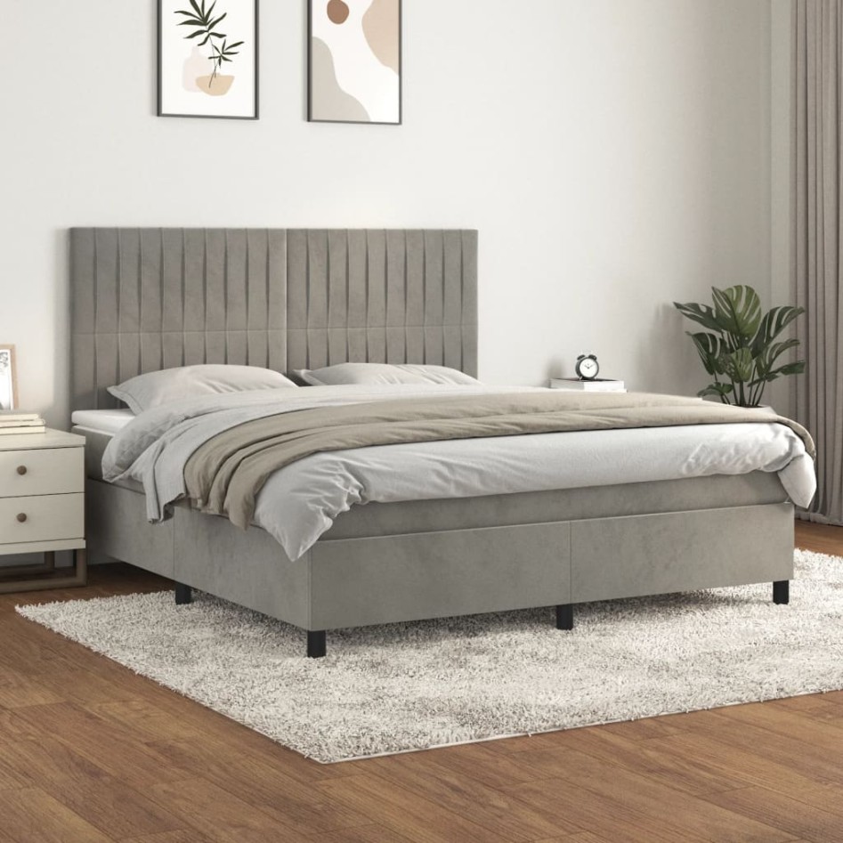 Cama box spring con colchón terciopelo gris claro 180x200