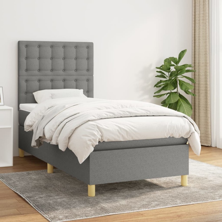 Cama box spring con colchón tela gris oscuro 100x200