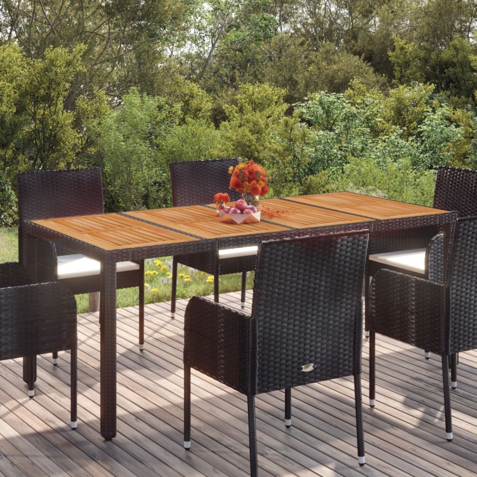 Mesa de jardín superficie de madera ratán PE negro 190x90x75
