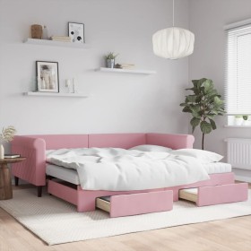 Sofá cama nido con cajones terciopelo rosa 100x200