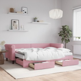 Sofá cama nido con cajones terciopelo rosa 80x200