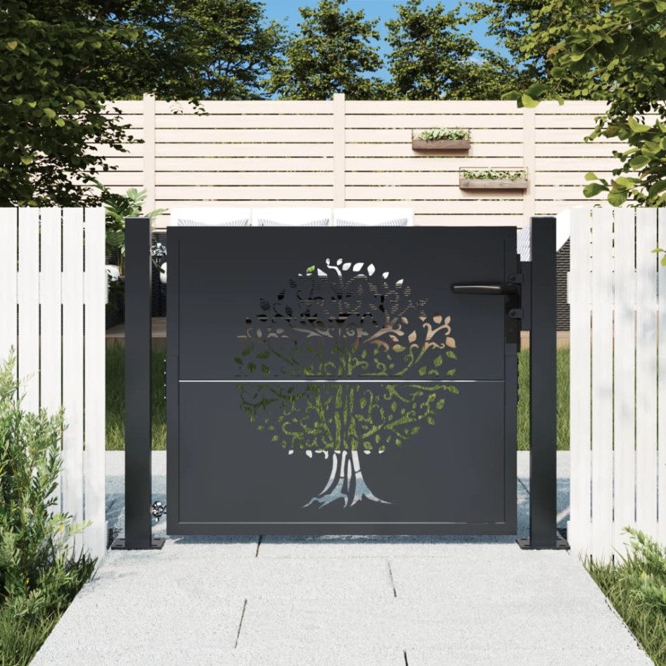 Puerta de jardín acero gris antracita diseño árbol 105x80
