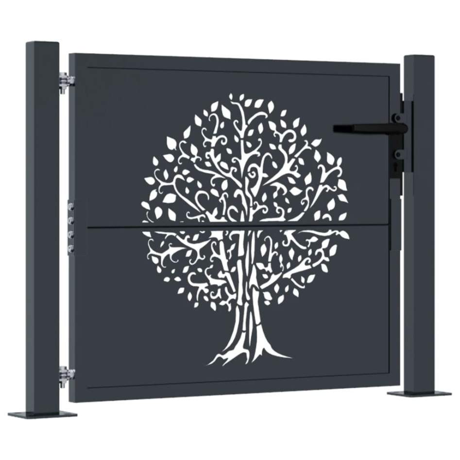 Puerta de jardín acero gris antracita diseño árbol 105x80