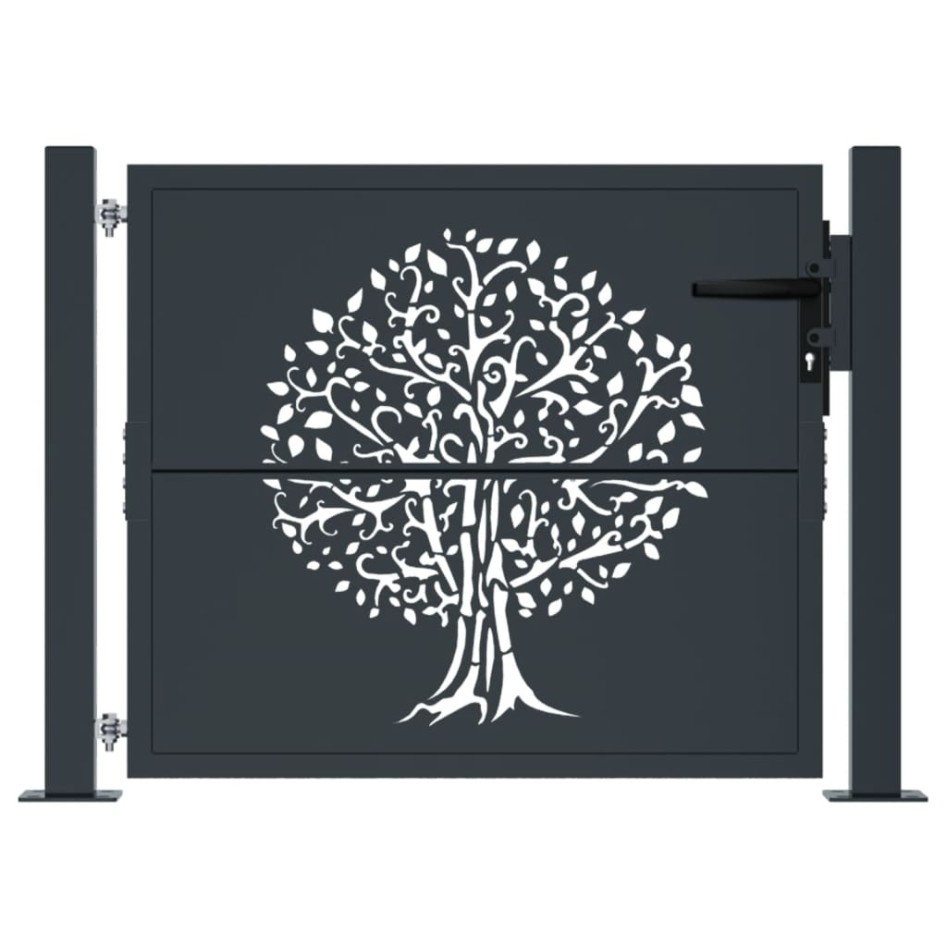 Puerta de jardín acero gris antracita diseño árbol 105x80
