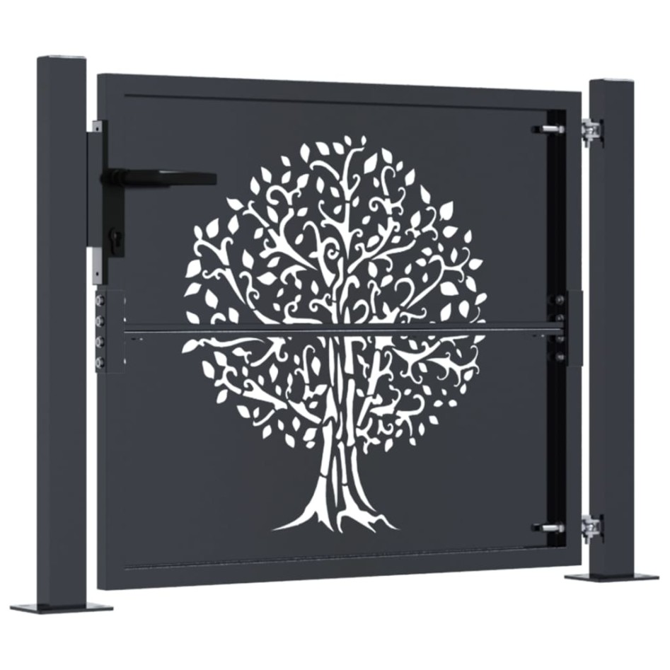 Puerta de jardín acero gris antracita diseño árbol 105x80